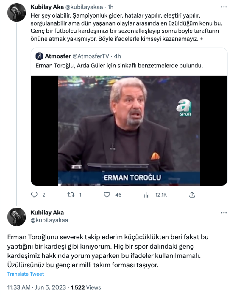 kubilay aka dan erman toroglu na arda guler tepkisi 